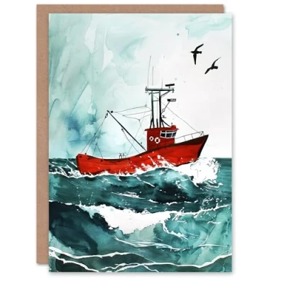 Image of Artery8 Greeting Card Red Fishing Boat at Sea Nautical Watercolour Blank For Him Or Her Art Birthday