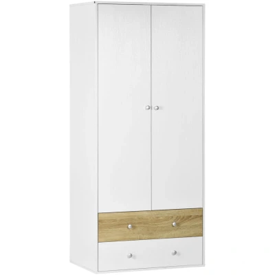 Image of HOMCOM 2 Door Wardrobe with Drawers, Hanging Rod and Anti tipping Straps for Bedroom Clothes Storage Organisation, White