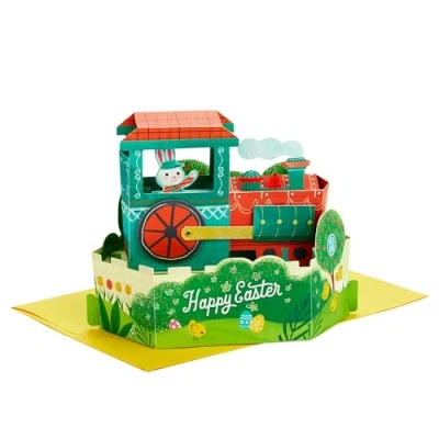 Image of Hallmark Easter Card, Pop Up 3D, Motion and Musical Train Design, Red, Green, Son, Daughter, Grandson, Granddaughter