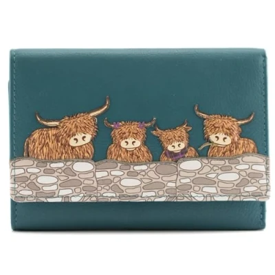 Image of Mala Leather Highland Cow Family Large Trifold Soft Purse (Teal)