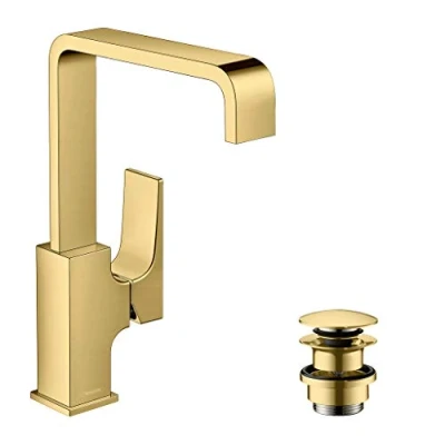 Image of hansgrohe 32511990 Metropol 230 Single Basin Mixer Tap with Lever Handle and Push Open Drain Fitting Look, Polished Gold Optic, spout Height mm