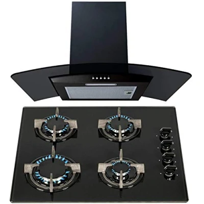 Image of SIA 60cm Black 4 Burner Gas On Glass Hob And Smoked Curved Cooker Hood Fan