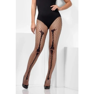 Image of Smiffys Skeleton Bone Net Tights, Black, Fever Hosiery Fancy Dress, Dress Up Accessories
