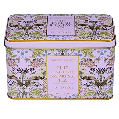Image of New English Teas Song Thrush and Berries Tea Tin with 40 Breakfast Teabags (Pink)