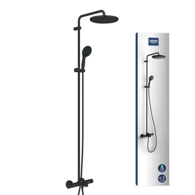 Image of GROHE Vitalio Start 250 Bath Thermostatic Shower System with Aquadimmer (Round 25cm Head Rain Spray and 11cm Hand 2 Sprays: &amp; Jet, Hose 1.75m, Water Saving), Matt Black, 269882431