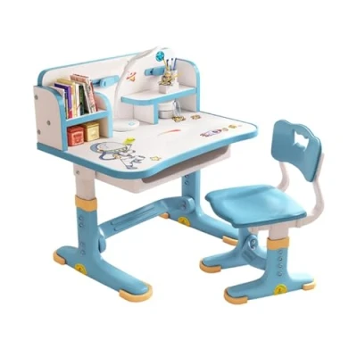 Image of pofluany Children Study Desk and Chair Set, Height Adjustable Chair, School Student Writing Table with Drawer Bookstand, Ergonomic Large Board Blue 1