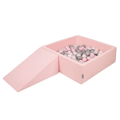 Image of KiddyMoon Foam Playground For Kids With Square Ballpit (200 Balls ∅ 7Cm/2.75In) Soft Obstacles Course And Ball Pool, Made In The EU, Pink:Pearl/Grey/Transparent/Powder Pink