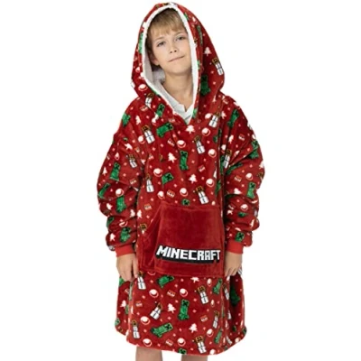 Image of Minecraft Xmas Oversized Blanket Hoodie Kids Boys Girls Creeper TNT Explosive Snowman Double Lined Sherpa Fleece Festive Sweater One Size Big Pocket Red
