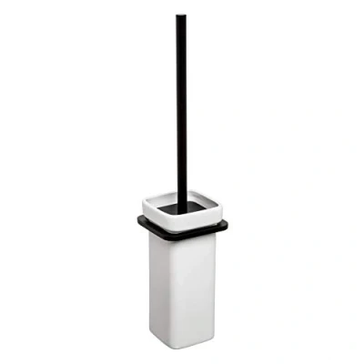 Image of TATAY Wall brush holder, from the Onyx Collection, with brackets and handle in black matt anodised aluminium, ceramic holder. Double fixing system, screws Glue &amp; Fix without drilling.