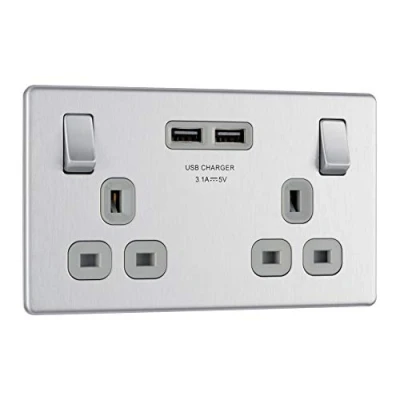 Image of BG Electrical Screwless Flat Plate Double Switched Power Socket with Two USB Charging Ports, 13 Amp, Brushed Steel