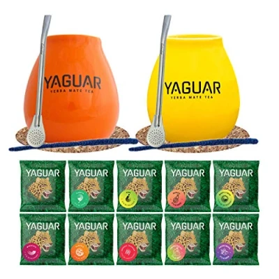 Image of Yerba Mate Tea Complete Double Set 2x Begginer&#039;s for Couples Yaguar 10x50g Large Ceramic Gourd 350ml Stainless Steel Bombilla Cork Coaster Cleaner Product of Cebador