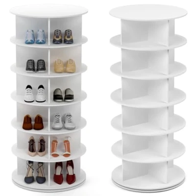 Image of PTUWODS Rotating Shoe Cabinet, 360 Degree Rack Storage Round Carousel Vertical Handbag Cabinet Organization (White, 6 Tier)