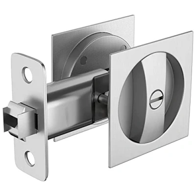 Image of Qezodsx Bed/Bath Pocket Door Lock Satin Nickel Contemporary Privacy Square Hardware, Sliding Latch
