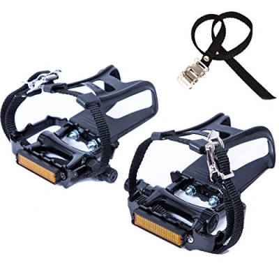 Image of Cozyroomy Bike Pedals with Clips and Straps for Outdoor Cycling Indoor Stationary 9/16 Inch Spindle Resin/Alloy Bicycle Black/Silver (black).