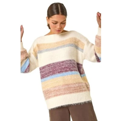 Image of Roman Originals Stripe Soft Knit Jumper for Women UK Ladies Everyday Autumn Winter Boat Neckline Comfy Evening Vacation Work Party Night Out Beige Size 14