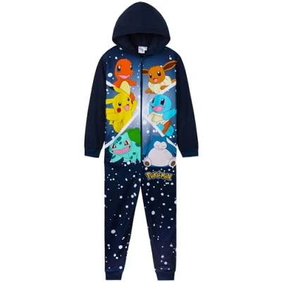 Image of Pokemon Fleece Onesie for Boys Warm Hooded Kids Teenagers 4 14 Years PJs Comfy Loungewear Gifts (Navy/Multi, 11 12 Years)