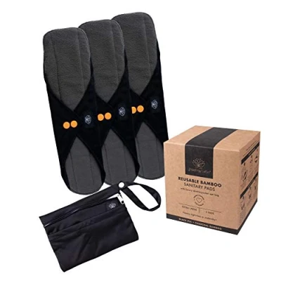 Image of FLOATING LOTUS Reusable Sanitary Pads (3pk XL: Very Heavy Period Flow Night, Day &amp; Maternity) Black Extra Large Long Washable Bamboo Menstrual Towels inc Waterproof Bag
