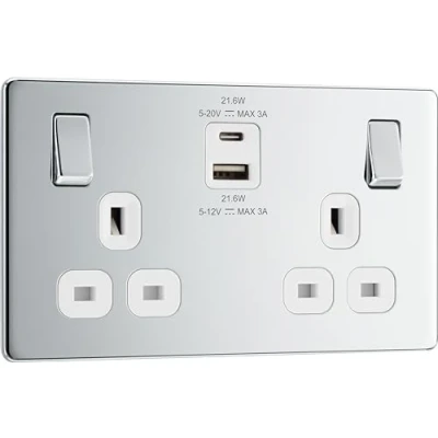 Image of BG Electrical Double Switched Power Wall Plug Socket with Fast Charge Type A and C USB Ports, Screwless, Flatplate, Polished Chrome, White Inserts, 13A, 22W, FPC22UAC22W