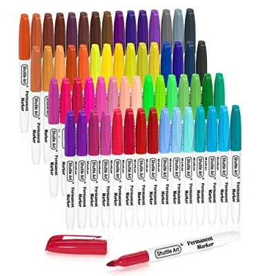 Image of Shuttle Art 60 Colours Permanent Markers, Fine Point Assorted Colours, Works on Plastic, Wood, Stone, Metal and Glass for Doodling, Colouring, Journaling School Office Home