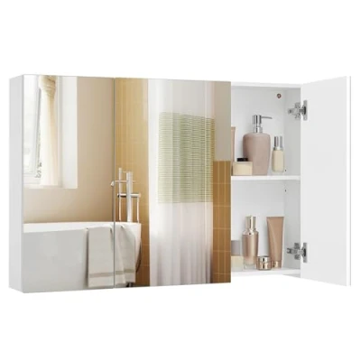 Image of VASAGLE Wall Cabinet with Mirror, 3 Door Storage Unit, Bathroom Mirror Cabinet, 15 x 90 60 cm, Adjustable Shelf, Modern, White BBK032W01