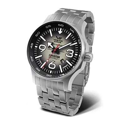 Image of Vostok Europe Men&#039;s Watch with Solid Stainless Steel Link Bracelet Expedition North Pole 1 Automatic YN55 Date 20 ATM, Silver / taupe,