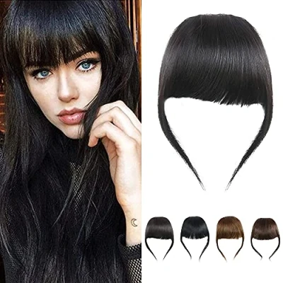 Image of Clip in Thick Hair Bangs Human Fringe Real Bang Extension Unprocessed Fringe, Natural Black Color