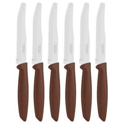Image of Tramontina Kitchen Knives Set of 6, Serrated Fruit Tomato Cooking Knife, Vegetable Chopper Peeler, Stainless Steel, Multipurpose, Rounded Tip, Brown, 23498455