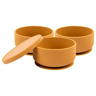 Image of Tiny Dining Baby Silicone Suction Bowls with Lid Ochre Pack of 3