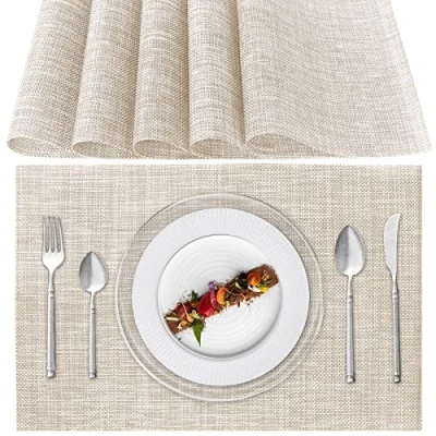 Image of Poligono Washable Placemats, (70% PVC and 30% Polyester) Table Mats set of 6, Non slip, Heat Resistant, Place for the Kitchen Table, Beige