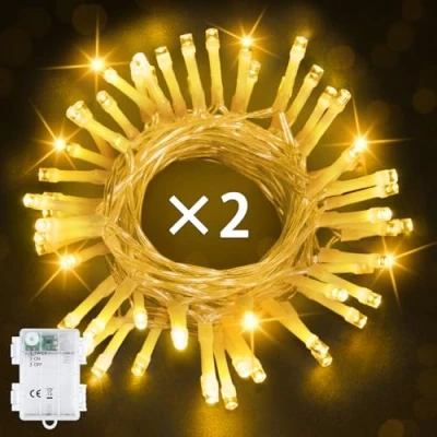 Image of Bowfar Battery Fairy Lights, 5M 50 LED Warm White lights Operated with 6h Timer, Waterproof Christmas String for Garden Indoor Outdoor Decorations(2 Pack, Clear Cable)