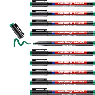 Image of edding 143 B permanent pen green 10 pens chisel nib 1 3 mm for writing on glass, plastic, foils and smooth surfaces permanent, quick drying, smudge proof waterproof