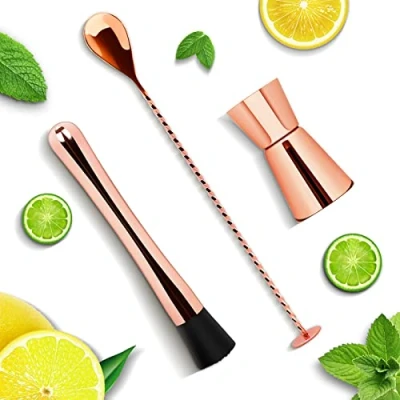 Image of mojito muddler kit Stainless Steel Cocktail Muddler, Mixing Spoon with Masher, Jigger Dual Spirit Measure Cup, Bar Tool Essentials set of 3 (ROSE GOLD)