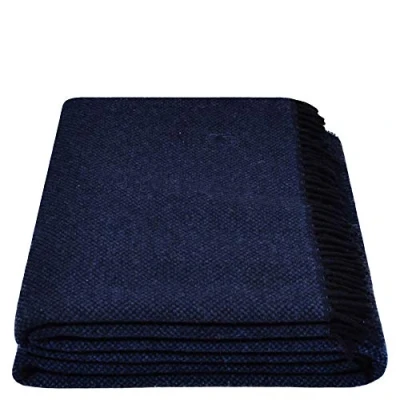 Image of Zoeppritz since 1828 Must Relax Blanket Pure Virgin Wool Plaid with Fringes 130 x 190 cm 590 Navy