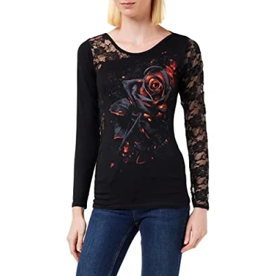 Image of Spiral Burnt Rose Lace One Shoulder Top Black XXL