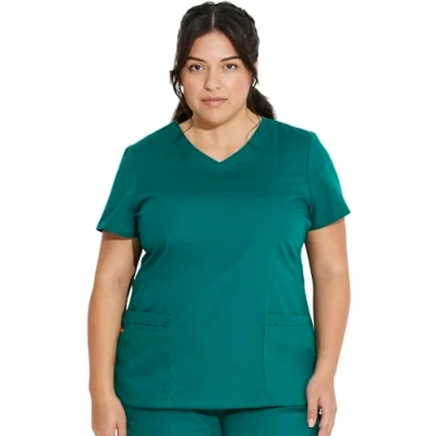 Image of Dickies womensMultiple Patch PocketsEds Signature V Neck Top with Multiple Pockets Short Sleeves Medical Scrubs Shirt Green Large