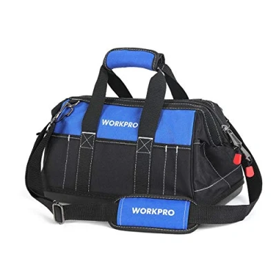 Image of WORKPRO Tool Bag 16 inch, Multi pockets Heavy Duty with Waterproof Plastic Hard Base, Wide Open Mouth Electricians Adjustable Shoulder Strap
