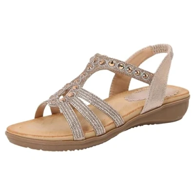 Image of Serria Wide Fit Flat Sandals for Women Summer Strappy Flower Diamante Low Heel Wedges Soft Floral Comfy Lightweight Holiday Open Toe Cosy Shoescomfortable Dressy Summer, PGbf4hhx4