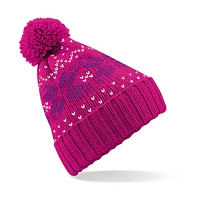 Image of Beechfield Unisex Knitted Snowflake Pom Hat, Unisex, B456, Fuchsia/Magenta/White,