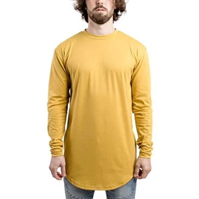 Image of Blackskies Side Zip Long Sleeve Basic Men&#039;s Longline T Shirt Oversized Curved Hem Sweater Pullover Fashion L/S Tee Mustard Large L