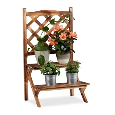 Image of Relaxdays Flower Rack with Trellis, 2 Tier Plant Stand, Wooden Shelf, HWD: 89x51x40cm, Flamed