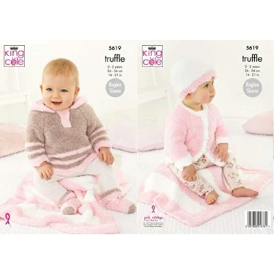 Image of King Cole 5619 Knitting Pattern Babies Cardigan Hoodie Hat Socks and Blanket in Truffle DK