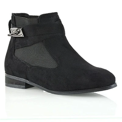 Image of ESSEX GLAM Womens Chelsea Pull On Low Block Heel Ladies Elastic Buckle Pixie Ankle Boots Black Faux Suede