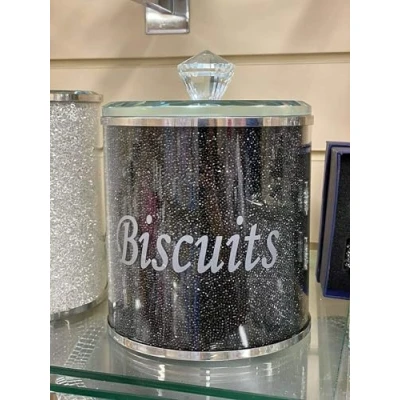 Image of Biznest Diamond Crushed Biscuit Cookies Canister Jar Tin Kitchen Storage containers Silver Trimmings Crystal Filled gift (BLACK)