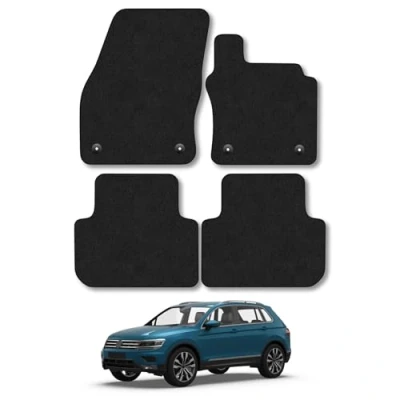 Image of Car Mats Compatible with VW Tiguan (2016+) Tailored Fit Black Trimmed Carpet Floor Mat Set Accessory Custom Fitted 4 Pieces Clips Anti Slip Backing &amp; Trim Edging
