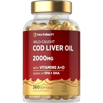 Image of Cod Liver Oil Capsules High Strength 2000mg 360 Count with Omega 3, Vitamin D and A 180mg of DHA 130mg EPA by Horbaach