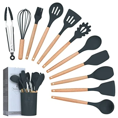 Image of Lychee 12pcs Silicone Cooking Kitchen Utensils Set with Holder, Nonstick Cookware,Heat Resistant Wooden Handles Tool, BPA Free Non Toxic Tongs Spatula Spoon Gadgets (Grey)