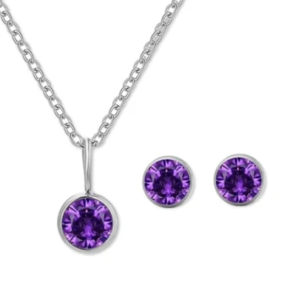 Image of AOWVUTS Birthstone Jewellery Set for Women, June Amethyst Stainless Steel Pendant Necklace and Stud Earrings Set, Silver Cubic Zirconia Birthday Jewelry Present Women Girl