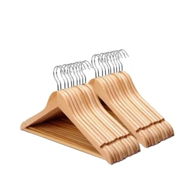 Image of Straame Home Strong Brown Wooden Coat Hangers Made with Natural Wood and Non Slip Trouser bar Extra Smooth Finish Shoulder Notches Pack of 20