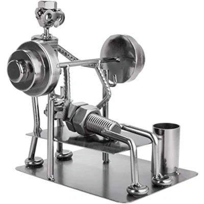 Image of BRUBAKER Screw Man Bodybuilder Bench Press Handmade Iron Figure Metal with Pen Holder Gift for Weightlifters, Gyms, Athletes and Bodybuilders