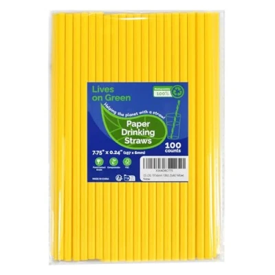Image of Lives on Green Solid Yellow Disposable Paper Straws 19.7cm Pack of 100 for Drinks, Birthday, Party, DIY Crafts